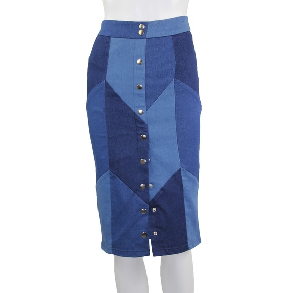 Gracia Patched Denim Jean High Waist Pencil Skirt - Picture 1 of 3